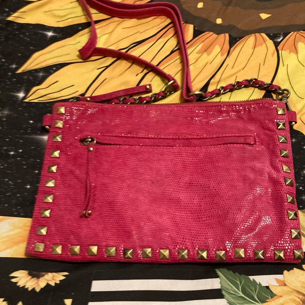 Pink Studded Leather Clutch with Gold Hardware